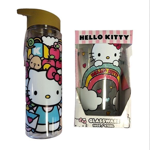 HELLO KITTY Colorful Water Bottle And Glass Tumbler Bundle NWT - Picture 1 of 16